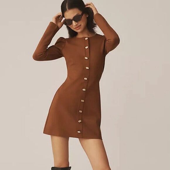 Reformation Micah Brown Faux Button Up Long Sleeve Mini Dress NWT Size Small - Picture 8 of 8